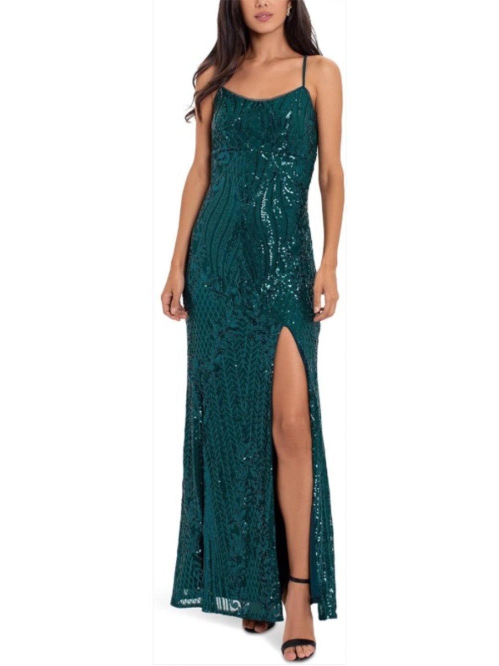 Betsy & Adam Elegant Green Sequin Slit Evening Dress - Women's